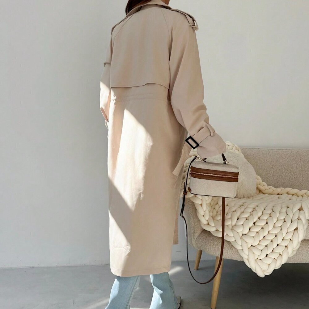 Khaki Elegant Women's Cinched Waist Double Breasted Mid-Length Trench Coat - Picture 5 of 8